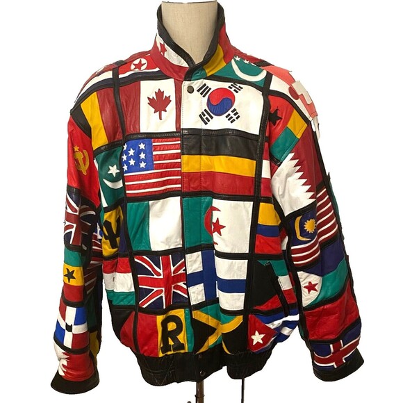 Vtg Le Piel XXL Leather Jacket All Over Patchwork International Flags Olympics